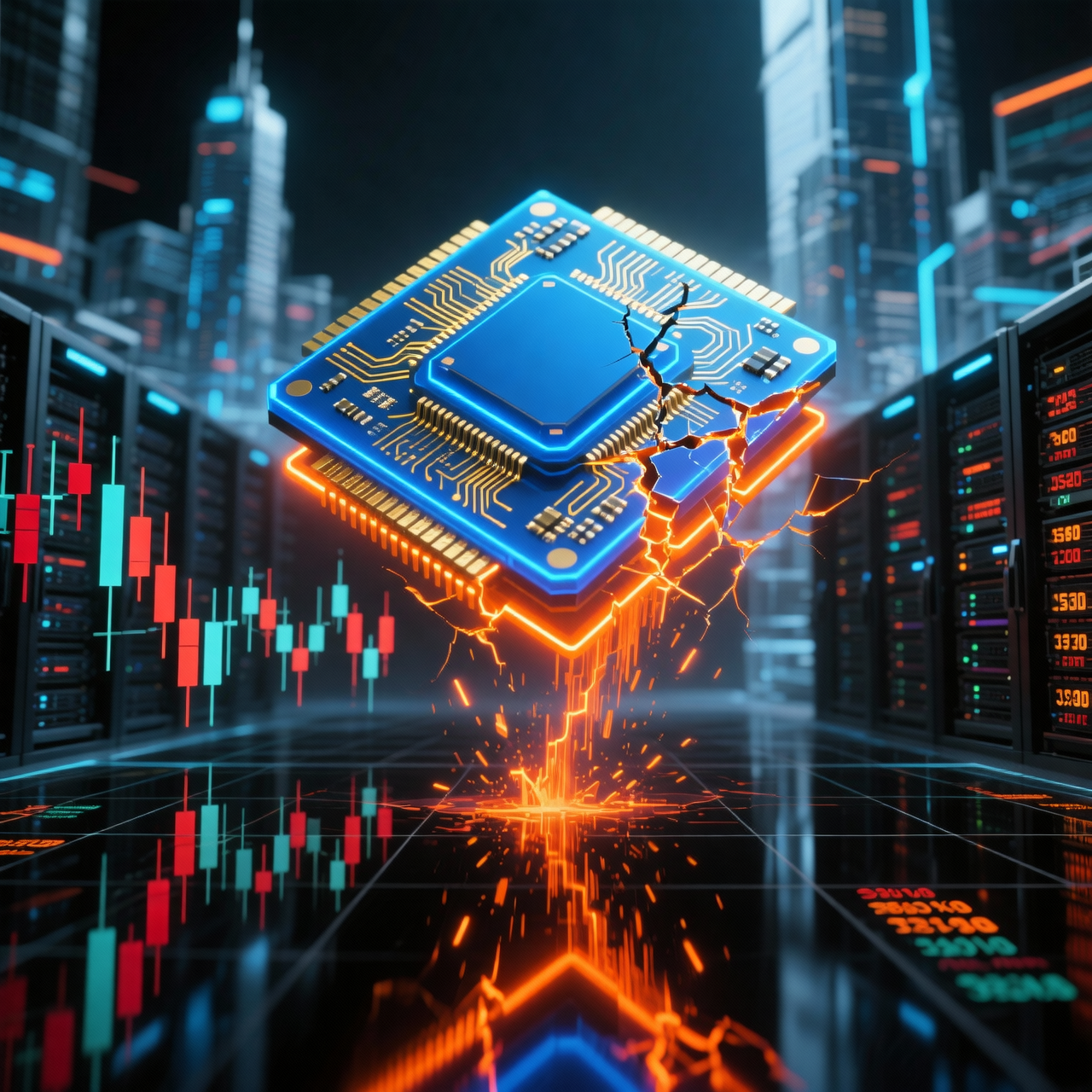 A glowing blue AI figure sprinting past a neon orange clock and gavel, symbolizing AI infrastructure valuations racing ahead of market caution