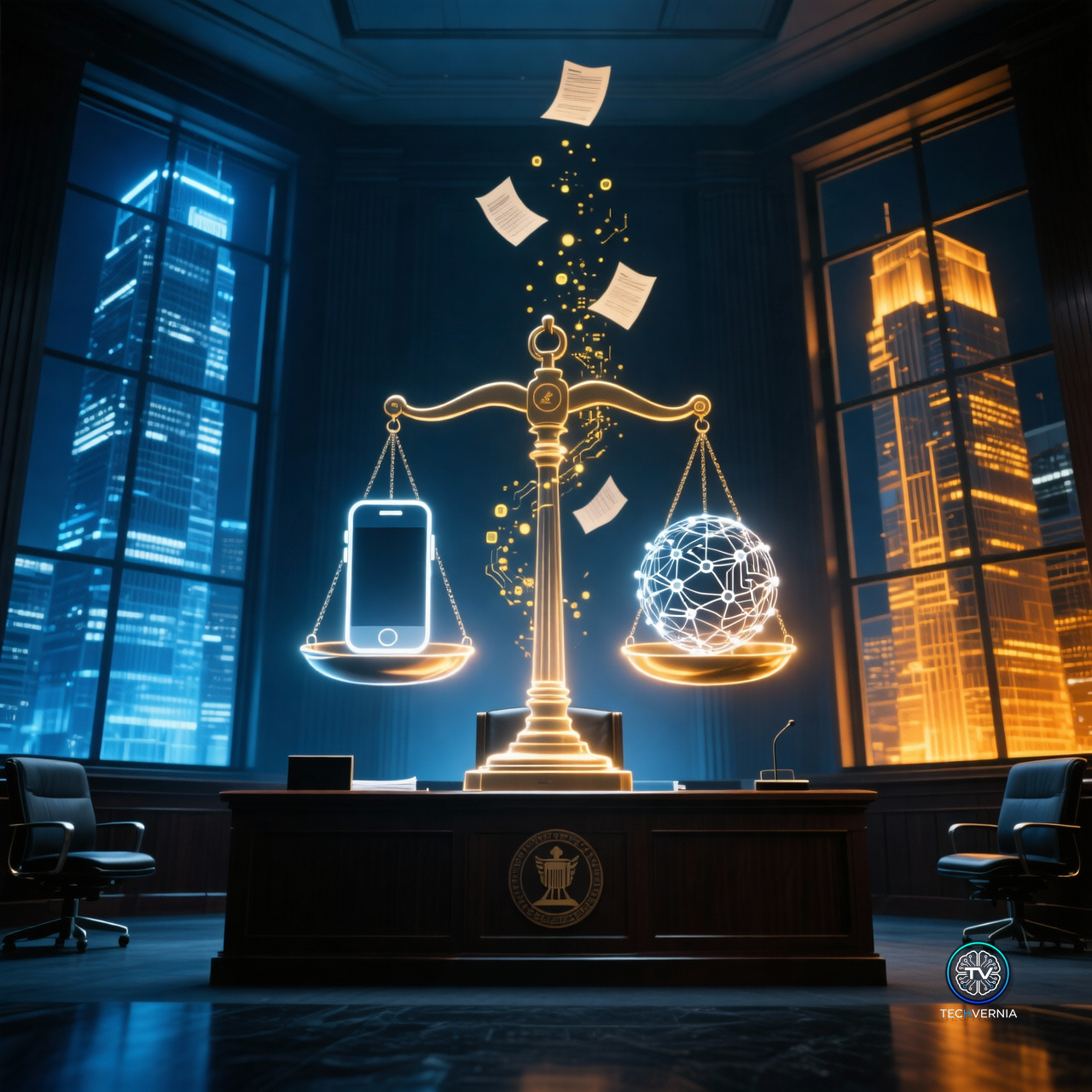 Golden scales of justice balancing a smartphone silhouette against a neural network sphere in a courtroom, symbolizing the Apple v. OpenAI trade secret lawsuit