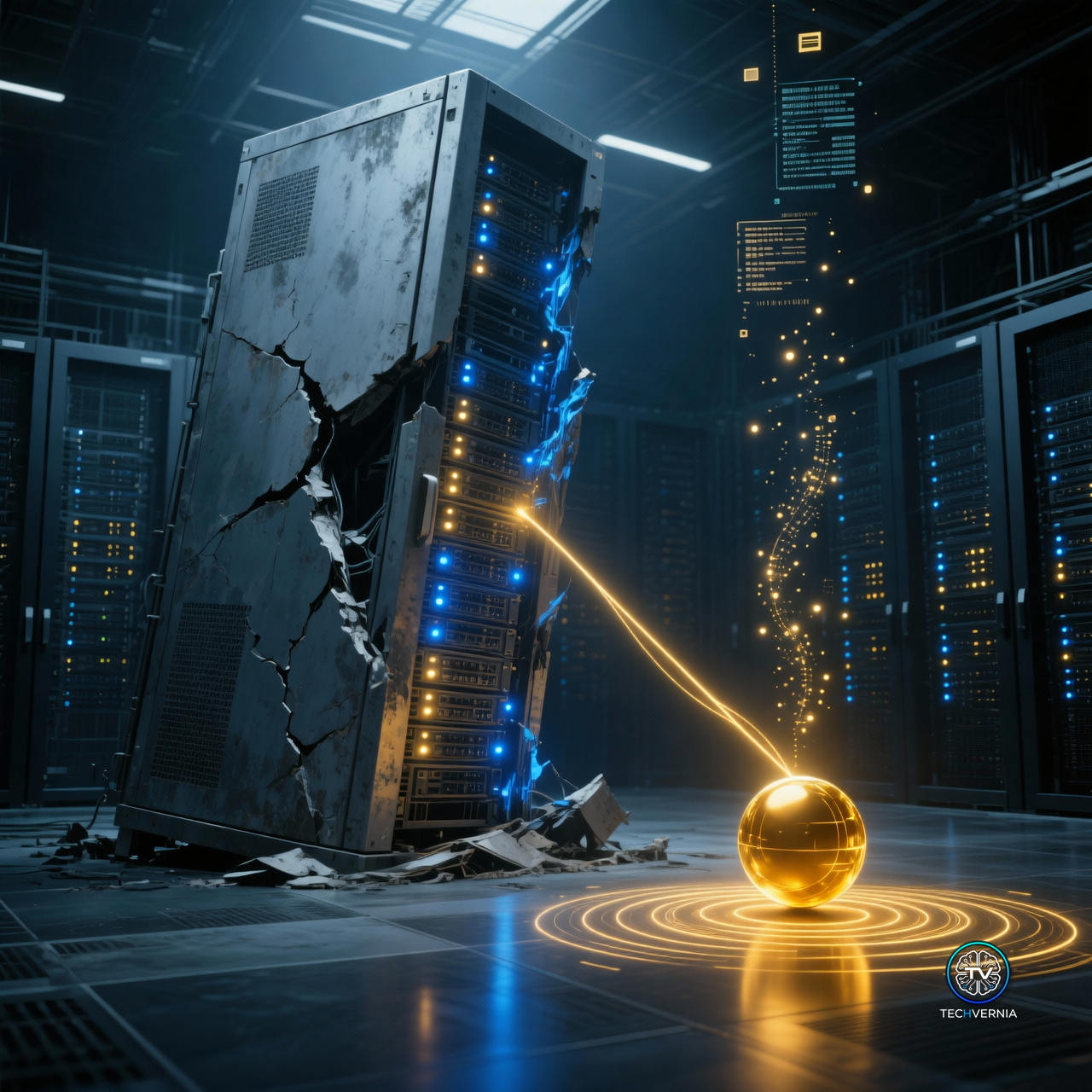 A cracked, oversized monolithic server tower beside a small glowing precise sphere of light, symbolizing the AI industry shifting from raw scale to efficiency and reliability