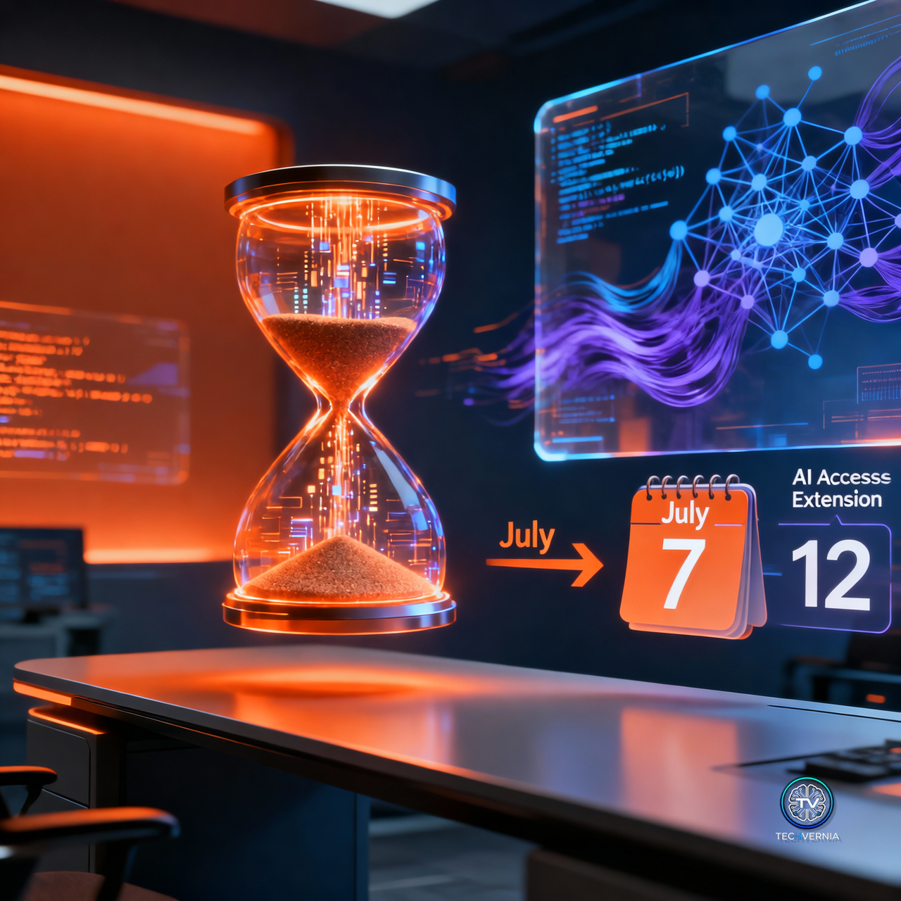 Glowing digital hourglass with a calendar shifting from July 7 to July 12, symbolizing Anthropic extending Claude Fable 5's included access window