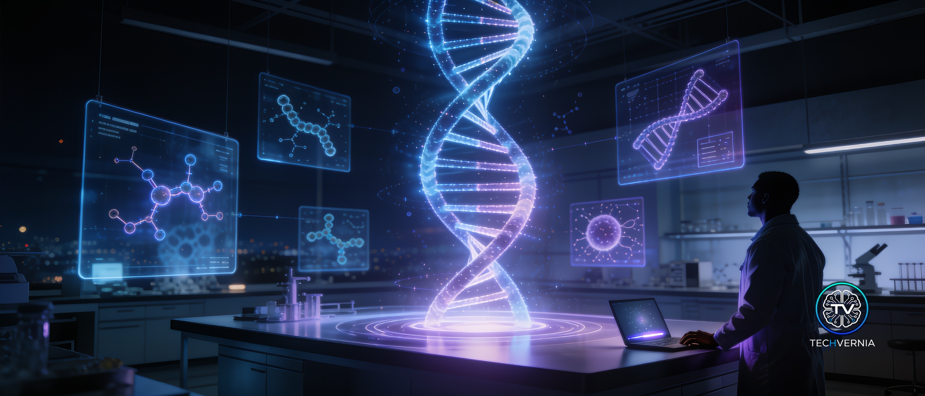 Holographic DNA double helix above a lab bench with a researcher, representing Anthropic's Claude Science drug discovery workbench