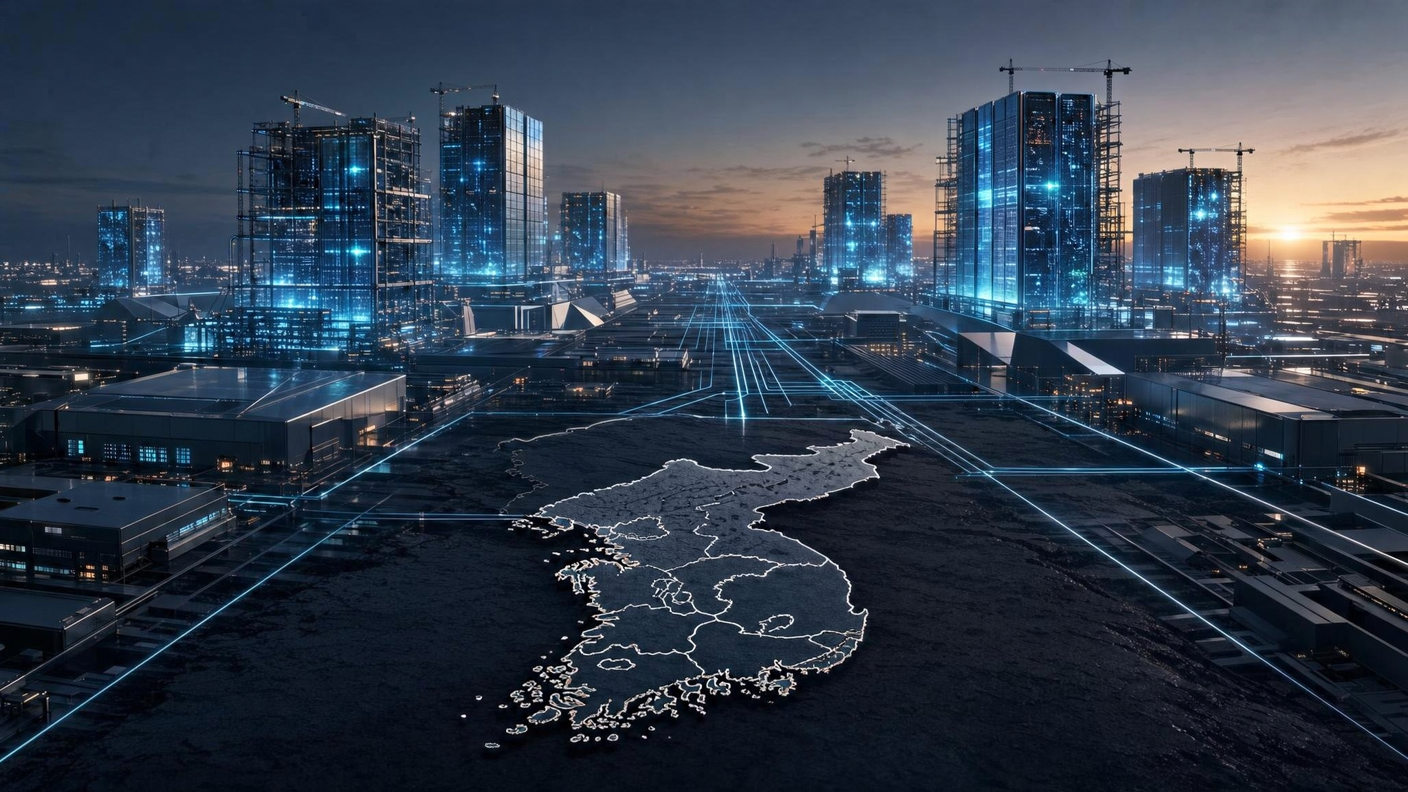 Futuristic industrial skyline of glowing semiconductor fabs and data centers connected by circuit-like power lines converging on a South Korean peninsula silhouette, symbolizing the $880 billion national AI infrastructure plan