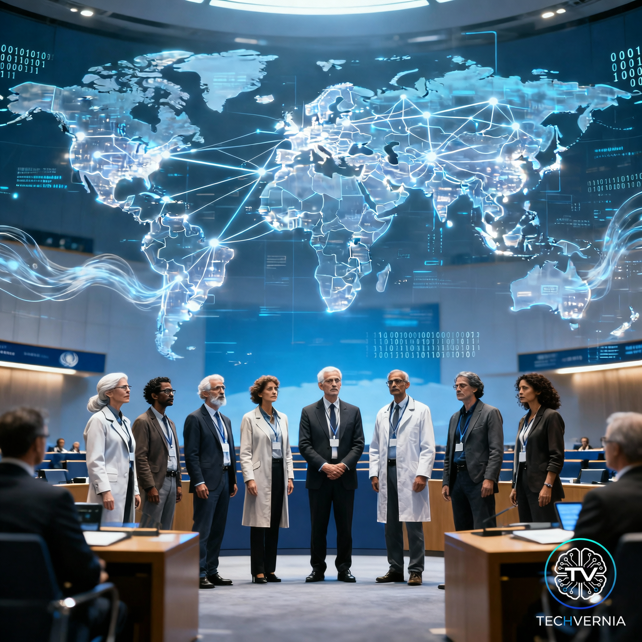 Panel of scientists before a glowing holographic world map inside a UN assembly hall, representing the Independent International Scientific Panel on Artificial Intelligence