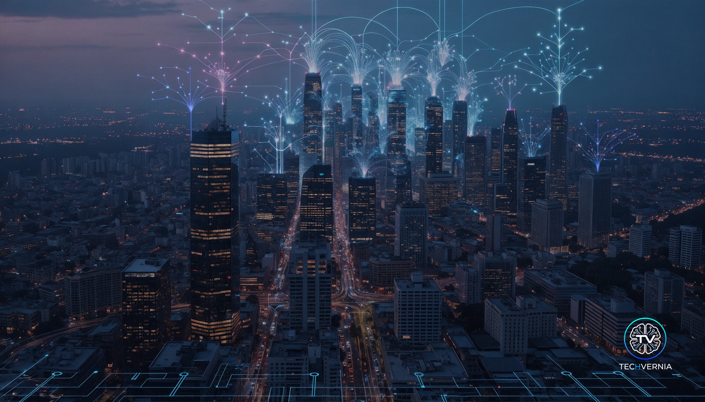 Futuristic African city skyline at dusk with holographic neural network nodes and glowing data streams