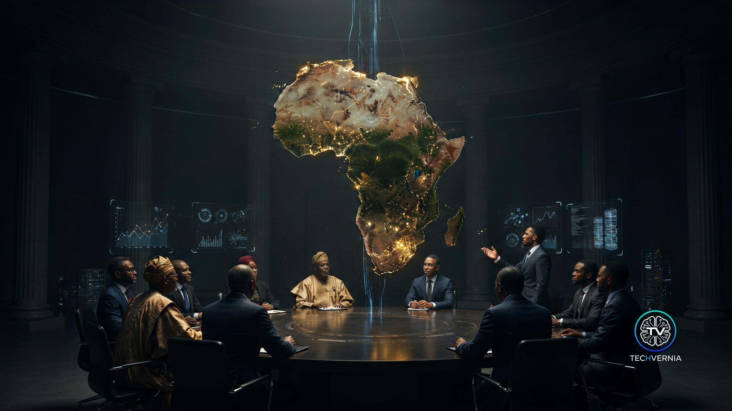 A glowing holographic map of the African continent rendered in warm gold circuitry above a dark council table, symbolizing the launch of the African Council on Artificial Intelligence
