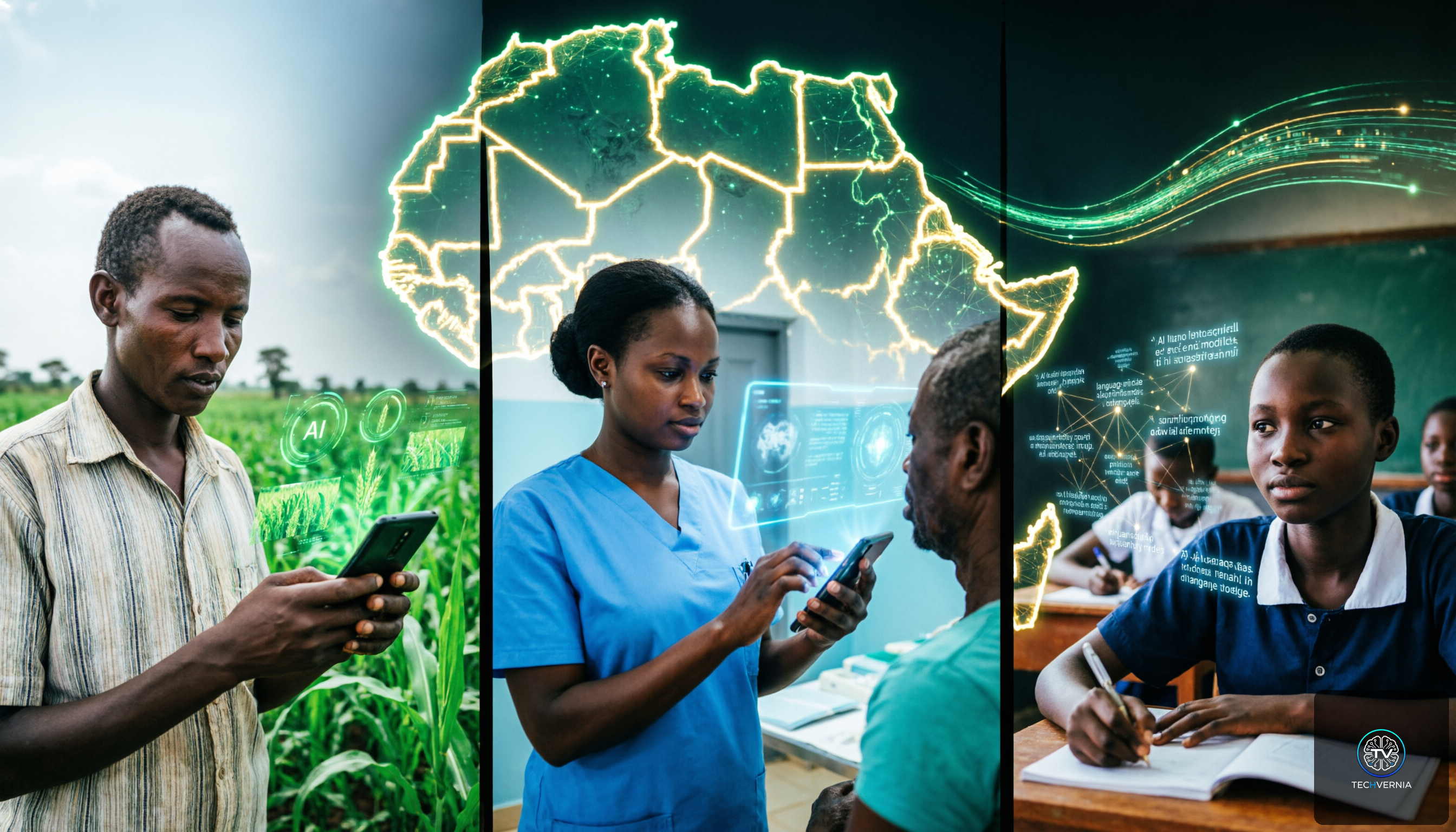 African farmer, nurse and student using AI tools on smartphones — Kenya, Nigeria, Senegal