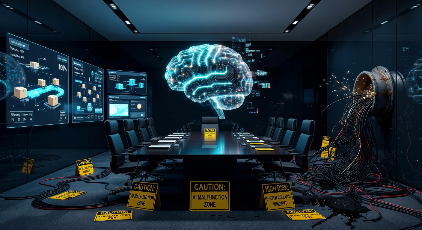 AI agents in enterprise — holographic brain in corporate boardroom with caution signs