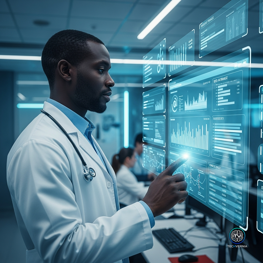 African doctor reviewing AI holographic triage dashboard in a modern hospital control room