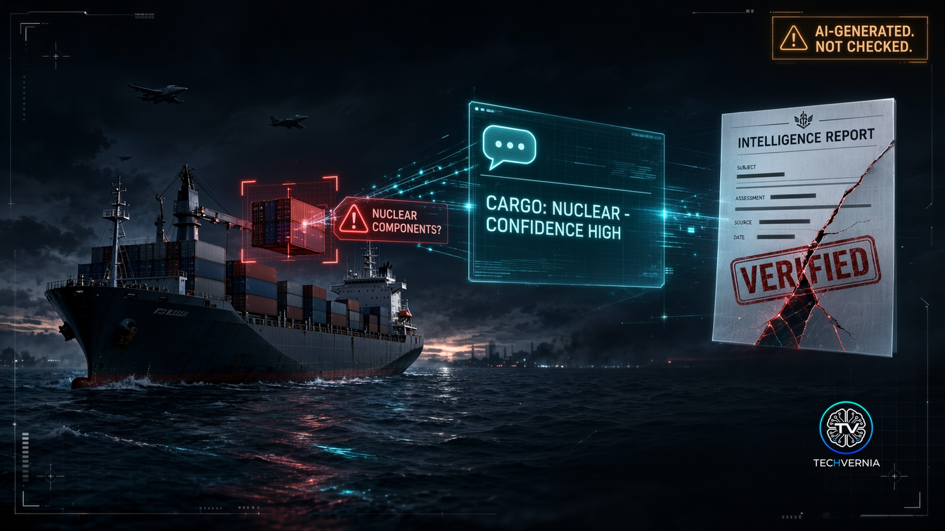 Illustration of a cargo ship at night with a container flagged nuclear components, a glowing chatbot window reading cargo nuclear confidence high, and an intelligence report stamped verified with a red crack through the stamp, under a label reading AI-generated not checked