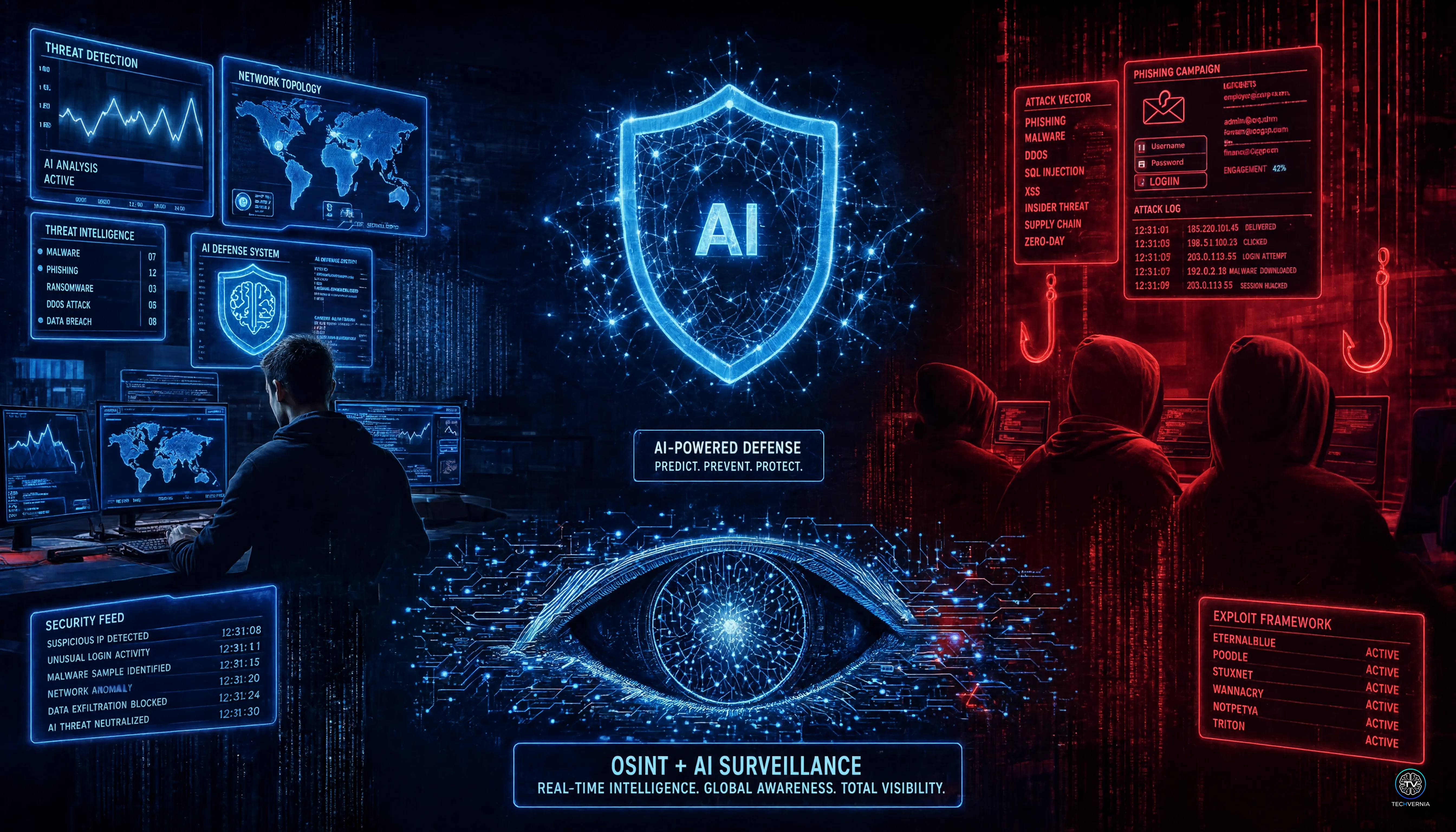 Futuristic digital battlefield split between blue defense and red attack sides, AI neural network as a shield in the center
