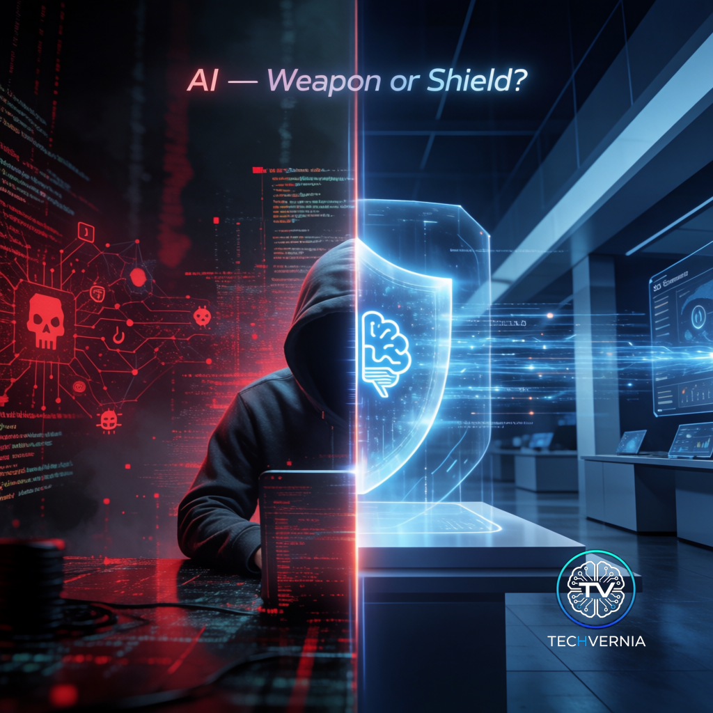 Split-screen AI cybersecurity illustration — dark threat side vs blue defense shield