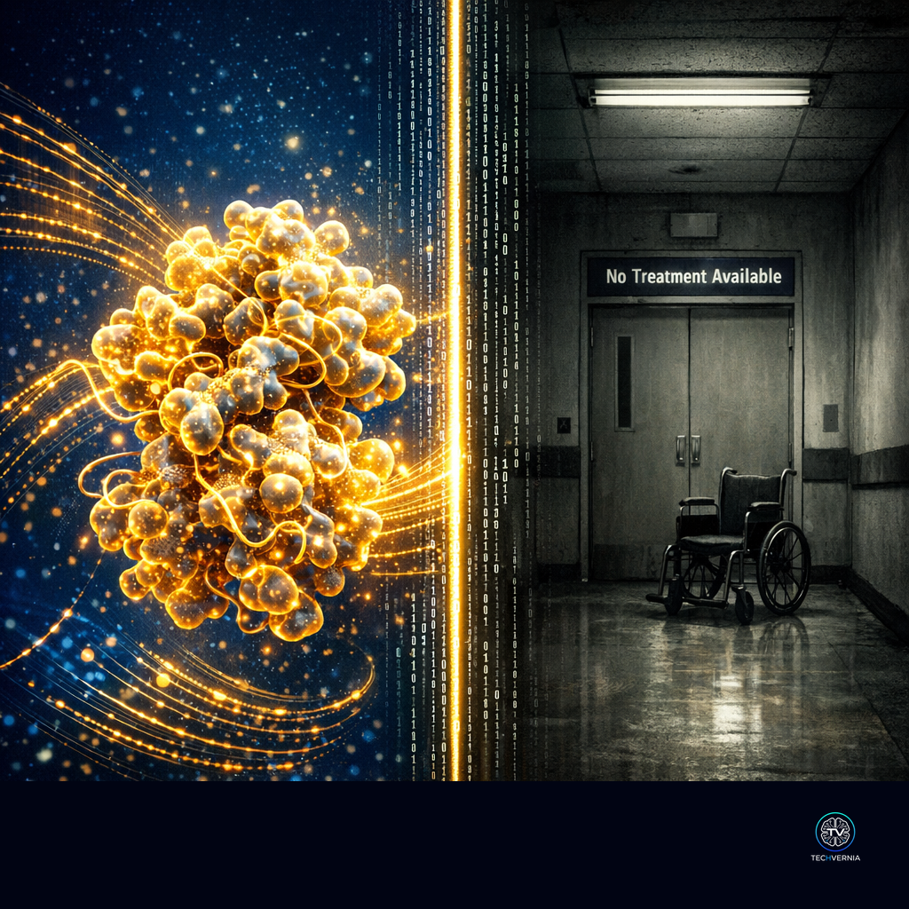 Split-screen of a glowing protein structure and an empty hospital corridor with a wheelchair