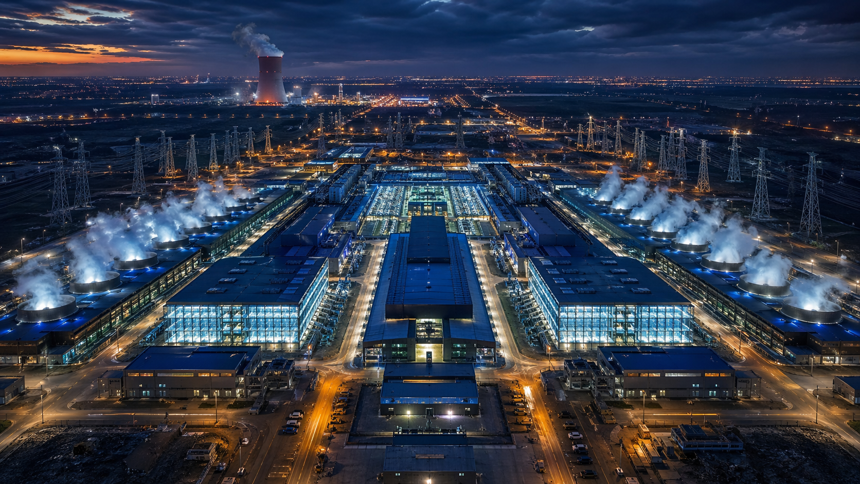 Aerial view of massive AI data center complex at night with power transmission lines and nuclear cooling tower