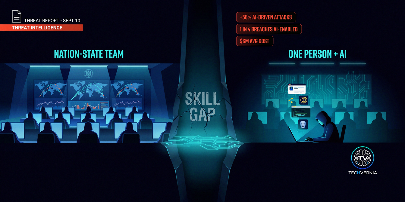 Illustration split by a chasm labelled skill gap, with a nation-state hacking command center on the left and a single hooded operator with a laptop and AI tools on the right, under badges reading plus 56 percent AI-driven attacks, 1 in 4 breaches AI-enabled and 6 million dollar average cost