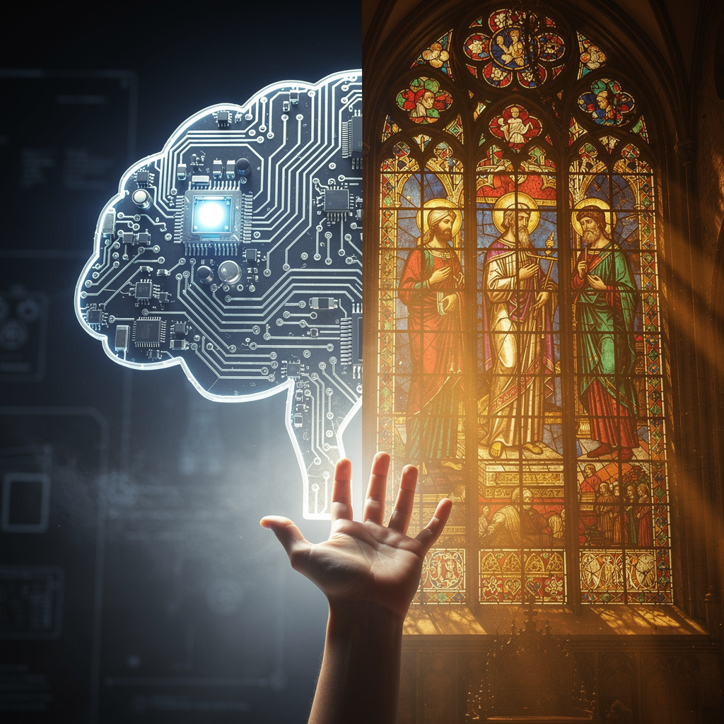 Neural network brain split with stained glass cathedral window — AI and faith tension in 2026
