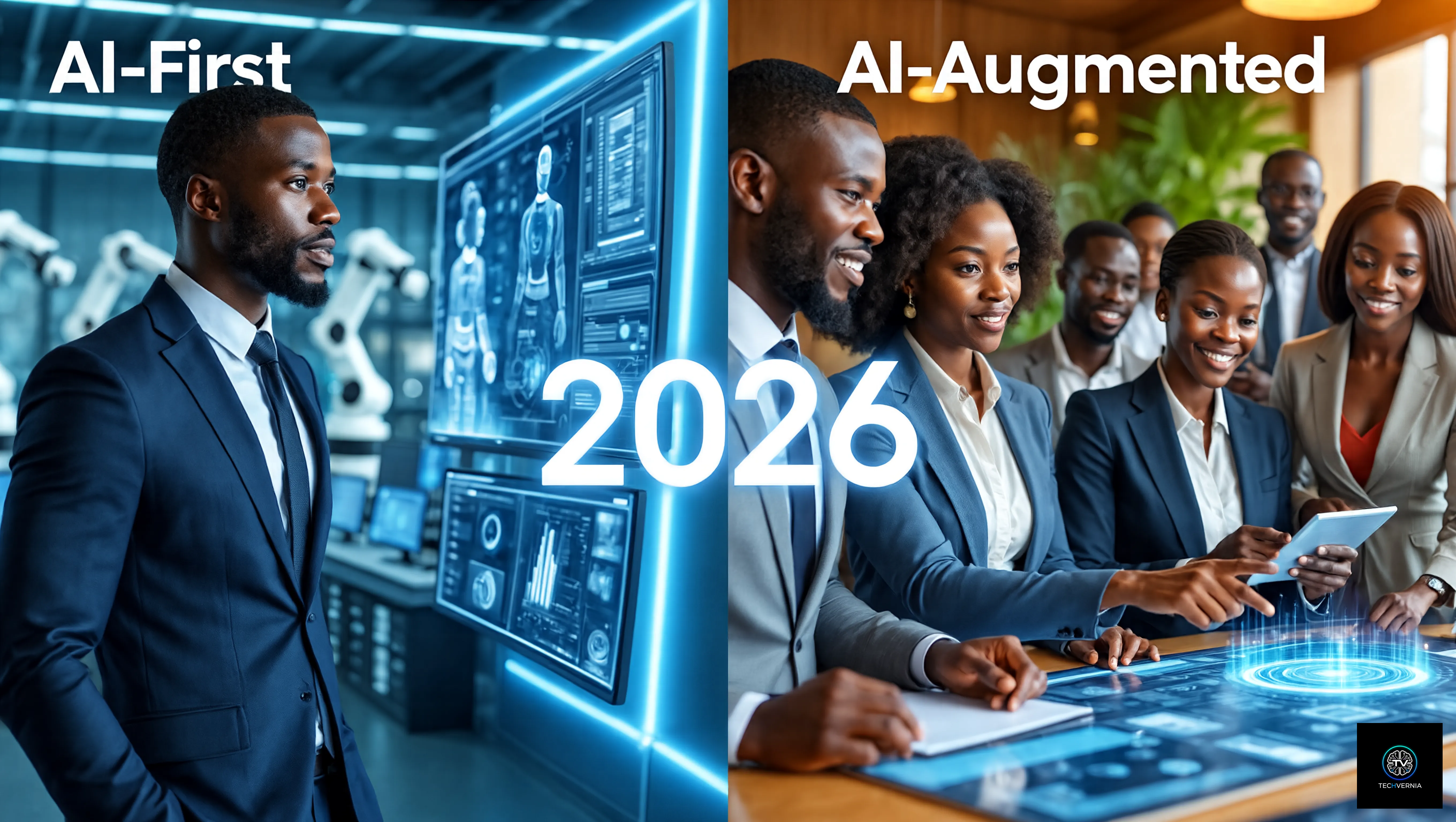 AI-First vs AI-Augmented strategy — Black African professionals in split corporate environment