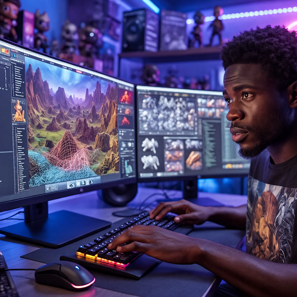 Black Togolese solo developer creating a video game with AI tools at a glowing PC setup