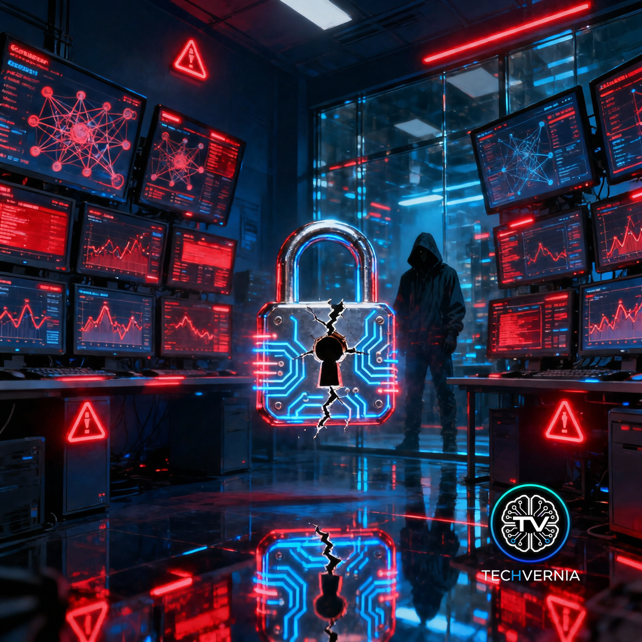 Red glowing AI model surrounded by attack vectors — enterprise SOC defending against AI jailbreak threats in 2026