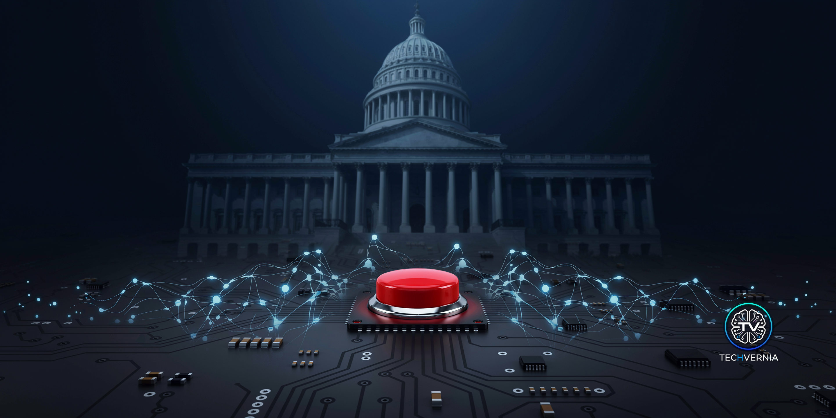 A glowing red emergency kill switch embedded in a dark circuit board, with a translucent AI neural network pattern radiating outward and a government building silhouette in the background, symbolizing federal authority to shut down AI models