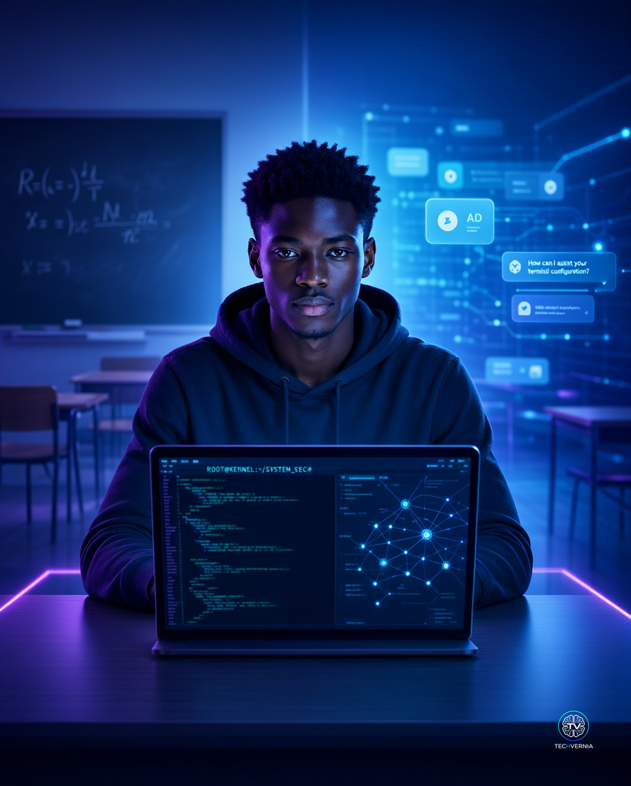 Young Black African man studying cybersecurity on a laptop in a dark room with AI interface glowing