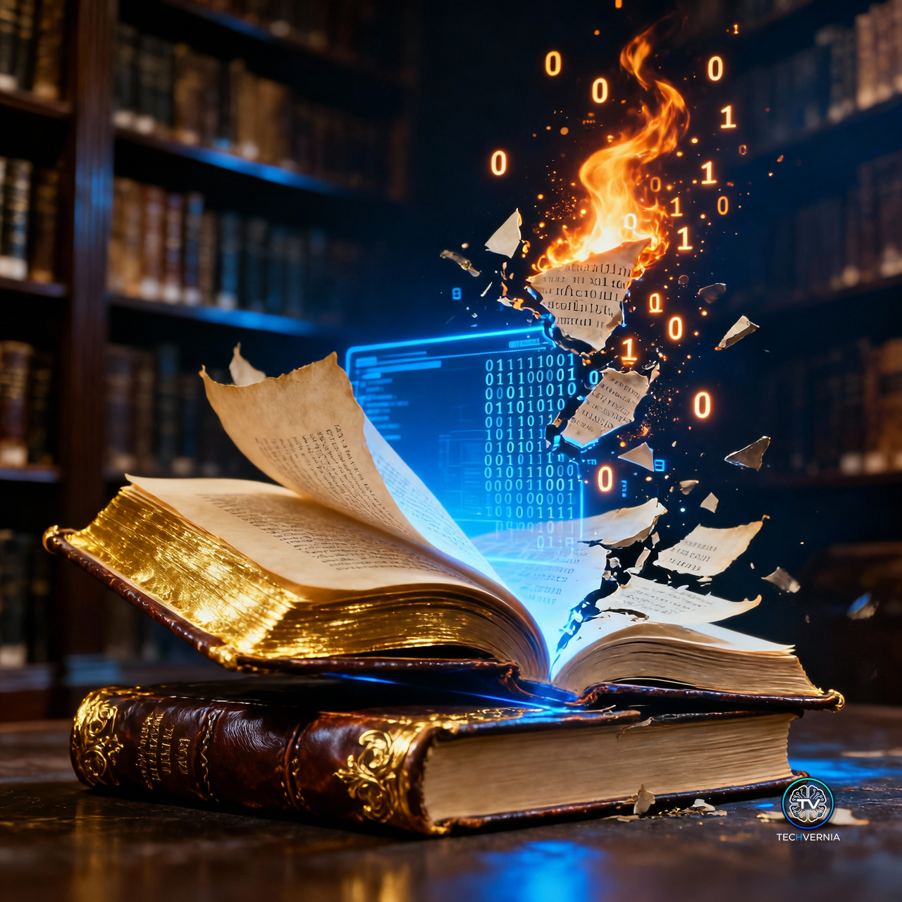 An antique hardback book with gilt-edged pages caught mid-collapse into a bright blue digital scanning light, half solid paper and leather binding, half dissolving into glowing particles of binary code, symbolizing AI companies scanning and destroying rare books for training data