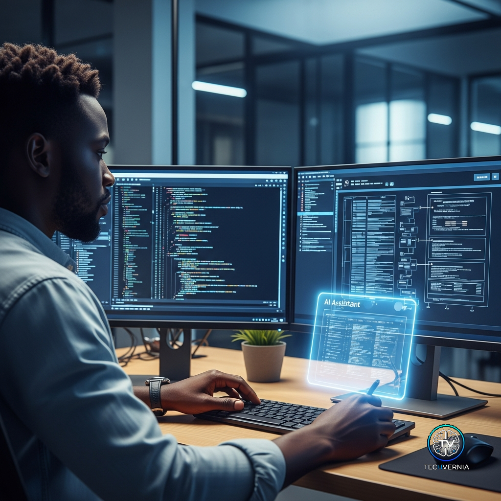 Black Togolese developer working at dual monitors with AI-assisted documentation overlay