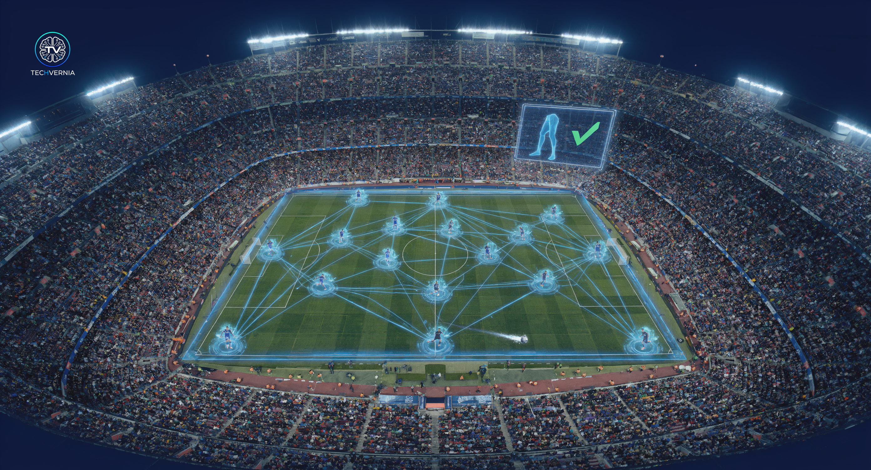 AI tracking system overlaid on a World Cup 2026 stadium — offside detection, analytics, and real-time broadcast