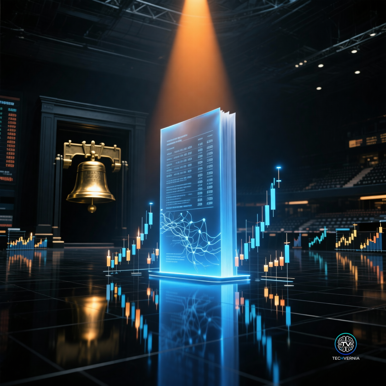 A colossal translucent document glowing blue like a monolith on a dark trading floor, lit by an amber spotlight, surrounded by floating holographic candlestick charts with a brass opening bell in the shadows behind it