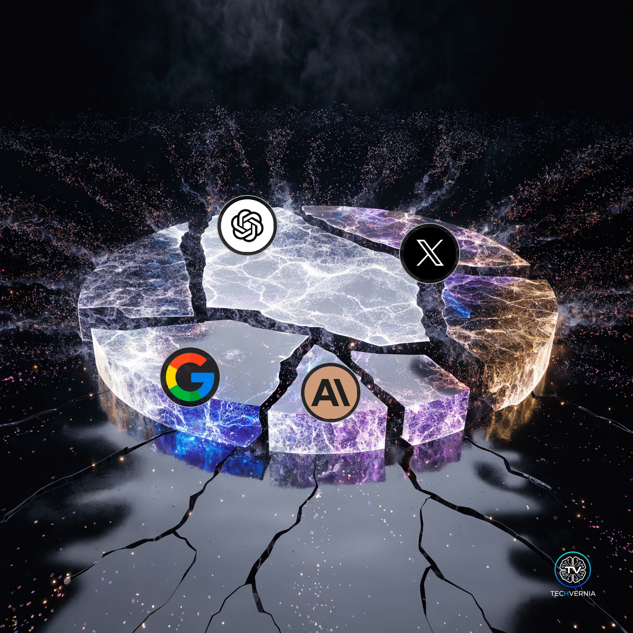 Fractured glowing pie chart representing the AI assistant market fragmentation — ChatGPT below 50% for the first time