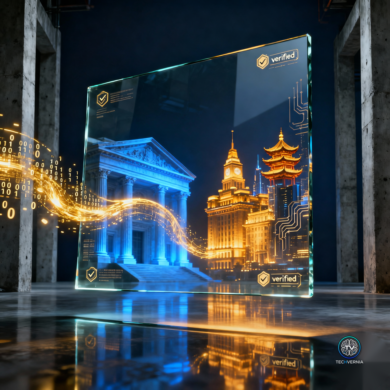A translucent glass panel connecting a Western neoclassical building bathed in blue light to a Chinese skyline bathed in gold light, with streams of glowing data flowing between them, symbolizing Chinese AI labs closing the gap with US frontier models through adversarial distillation