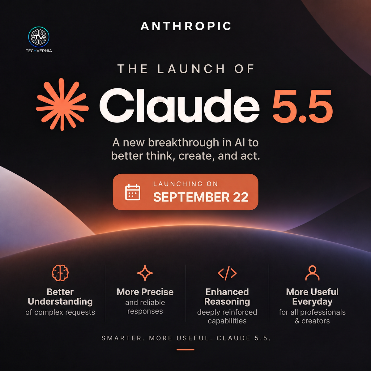 Launch announcement card for Claude Opus 5.5 on a dark horizon backdrop, listing better understanding, more precise responses, enhanced reasoning and everyday usefulness under a September 22 launch date badge