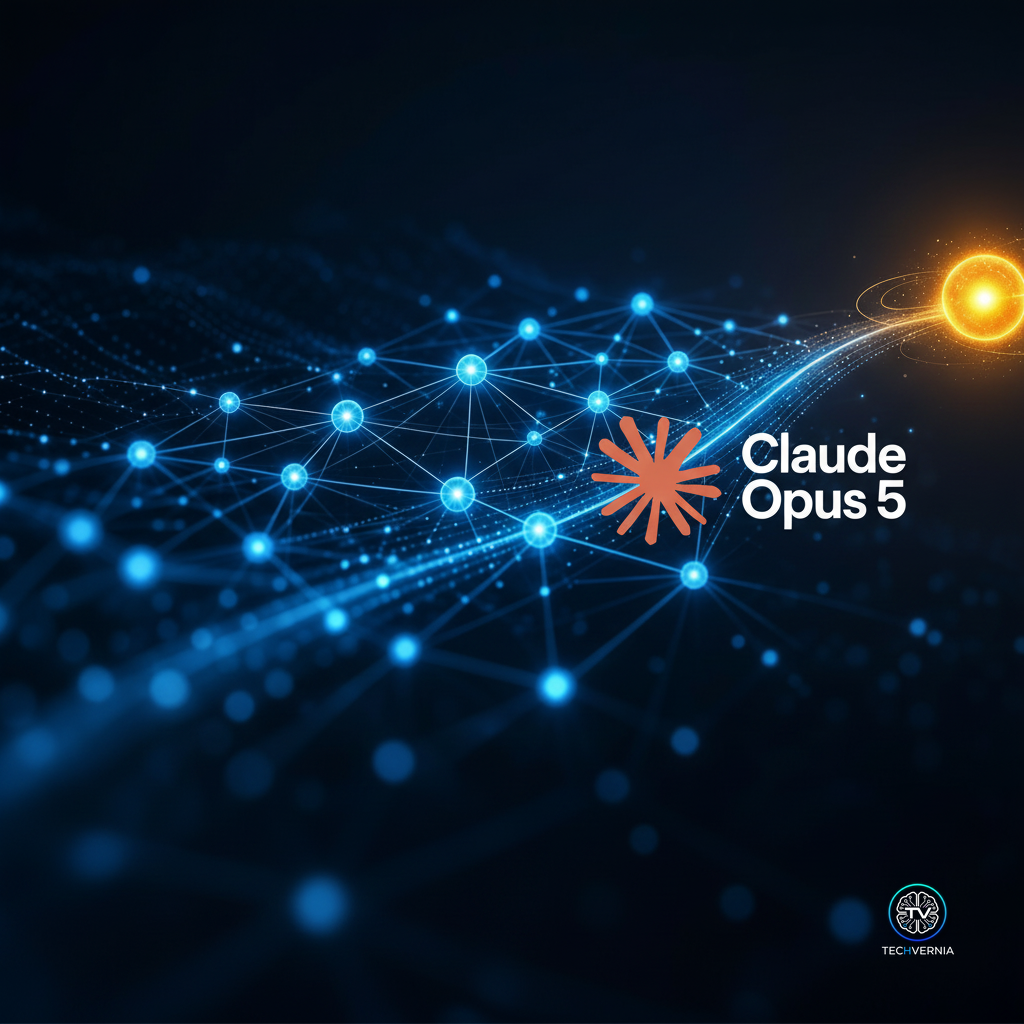 Abstract glowing neural network graph with one luminous node pulling ahead of a cluster of dimmer nodes, symbolizing Claude Opus 5 taking the lead on the FrontierBench benchmark