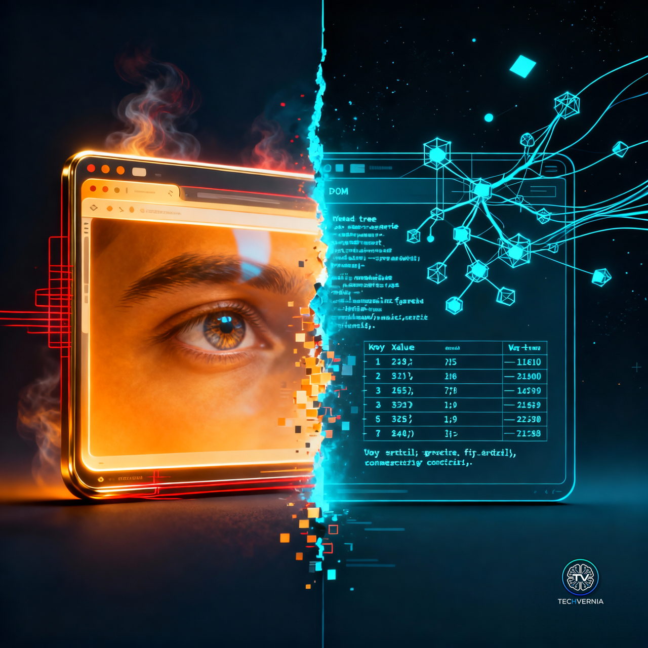 A split scene contrasting a glowing orange browser window showing a human eye with the same page dissolving into a cyan wireframe of DOM nodes and structured data on a dark background