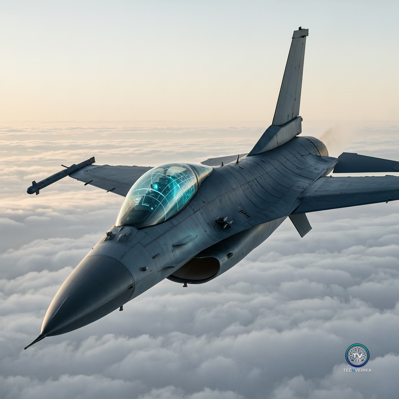 A gray F-16 fighter jet banking above a layer of clouds at dawn, its cockpit canopy lit from within by a cyan glow with translucent flight telemetry overlays across the glass, illustrating an AI agent controlling the aircraft under DARPA's VENOM program
