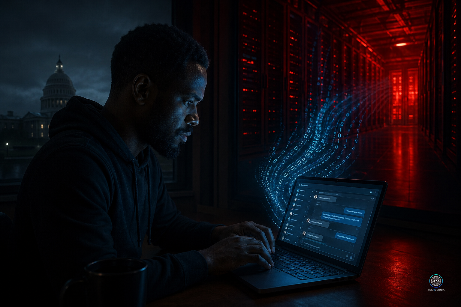 Black African man typing on laptop at night with data streams flowing to a distant server room