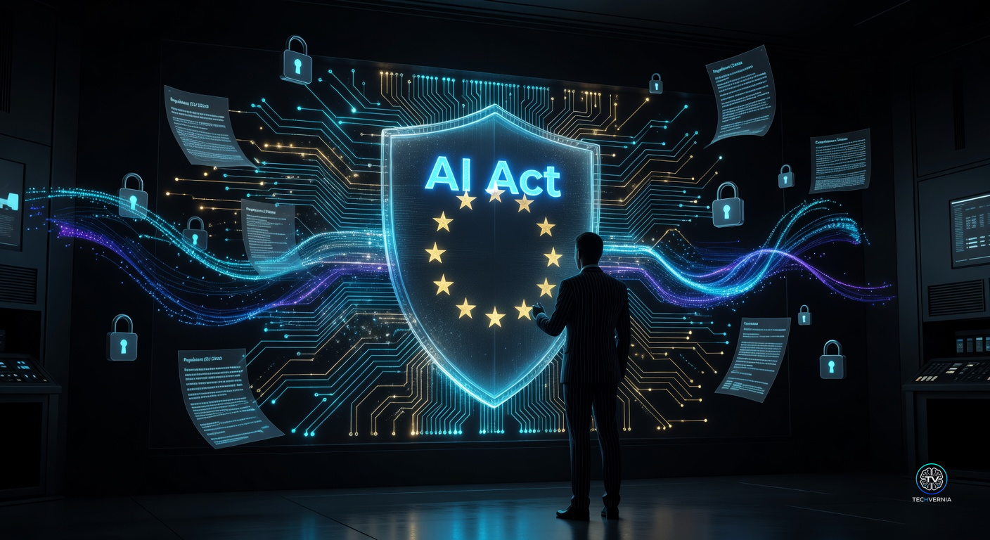 EU flag and AI circuit board with legal compliance symbols on dark background