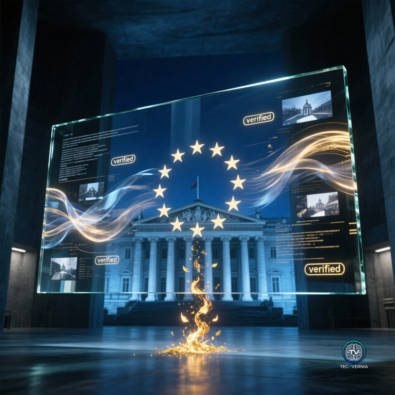 A translucent glass panel with a glowing circle of stars stamping a verified mark across a stream of data, with a European government building silhouette in the background, symbolizing the EU AI Act's new transparency obligations