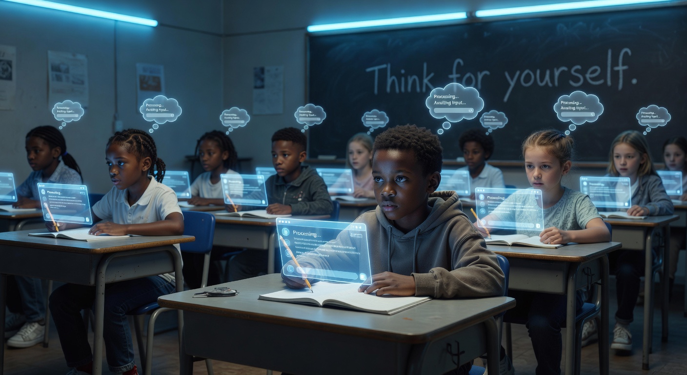 Children sitting at school desks staring at AI screens instead of thinking