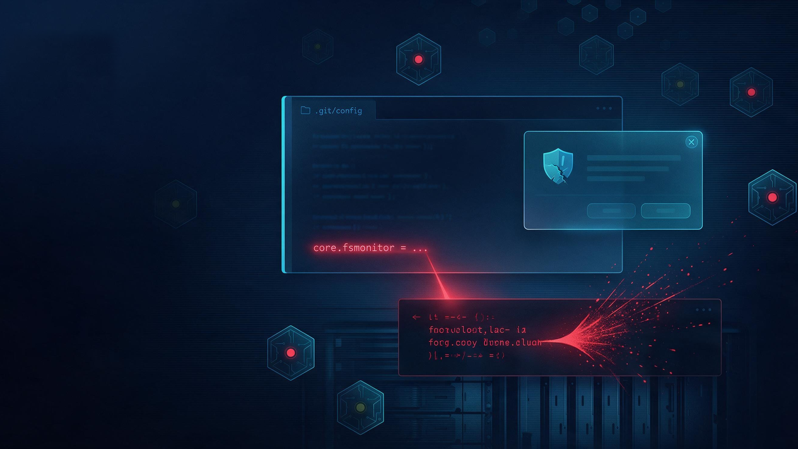 A dark code editor panel showing a .git/config file with a single line glowing red, a red execution trace running down into a shell window below it, and a translucent cyan workspace-trust dialog with a cracked shield floating uselessly above, surrounded by dim hexagonal agent nodes