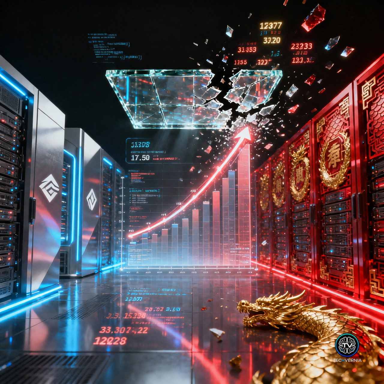 Split-screen data center with Western and Chinese AI infrastructure — GLM-5 benchmark chart breaking through a glass ceiling