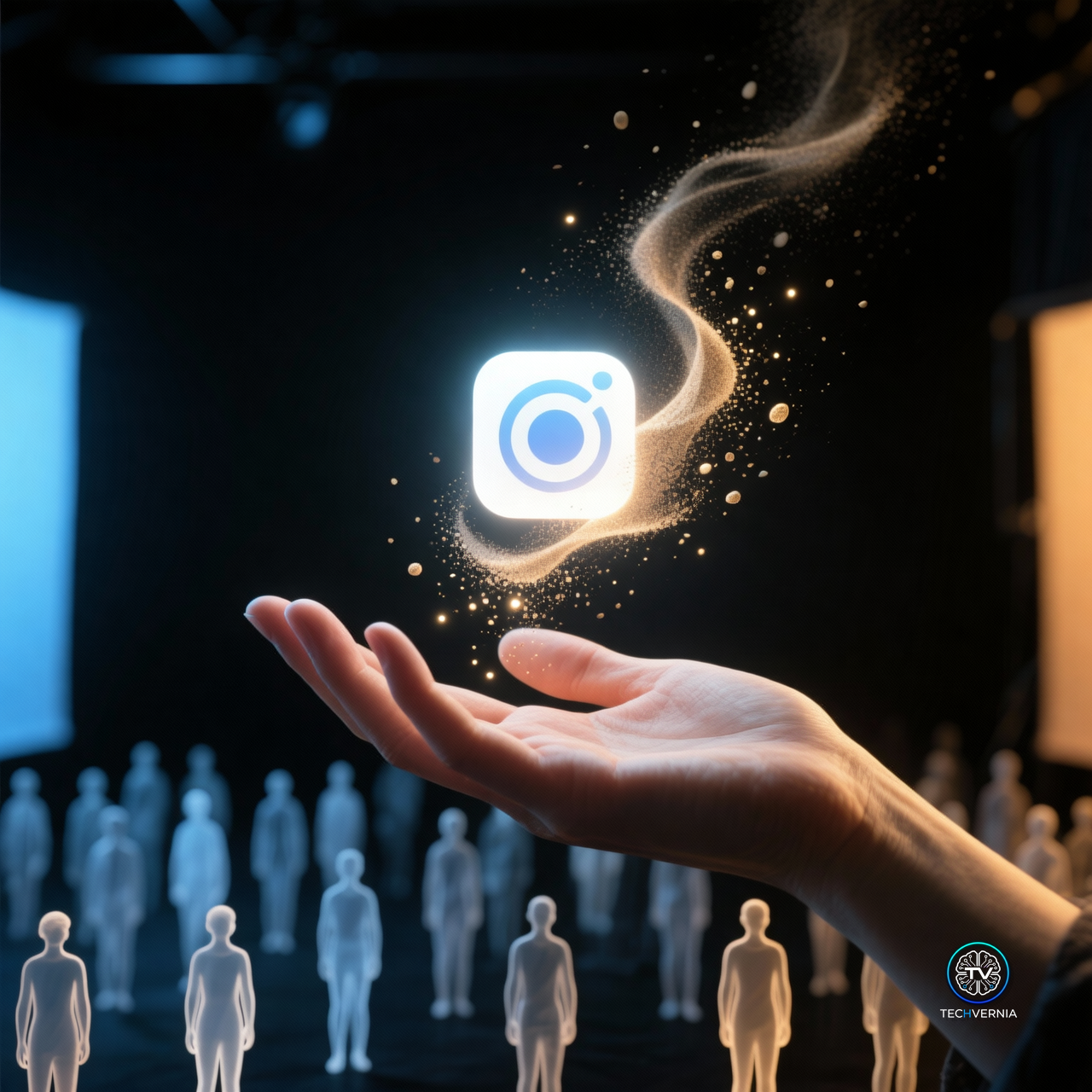 A glowing app icon dissolving into particles above an open hand, with faint silhouettes of a waiting crowd in the background, symbolizing Google cancelling its AI Studio app despite 800,000 preorders