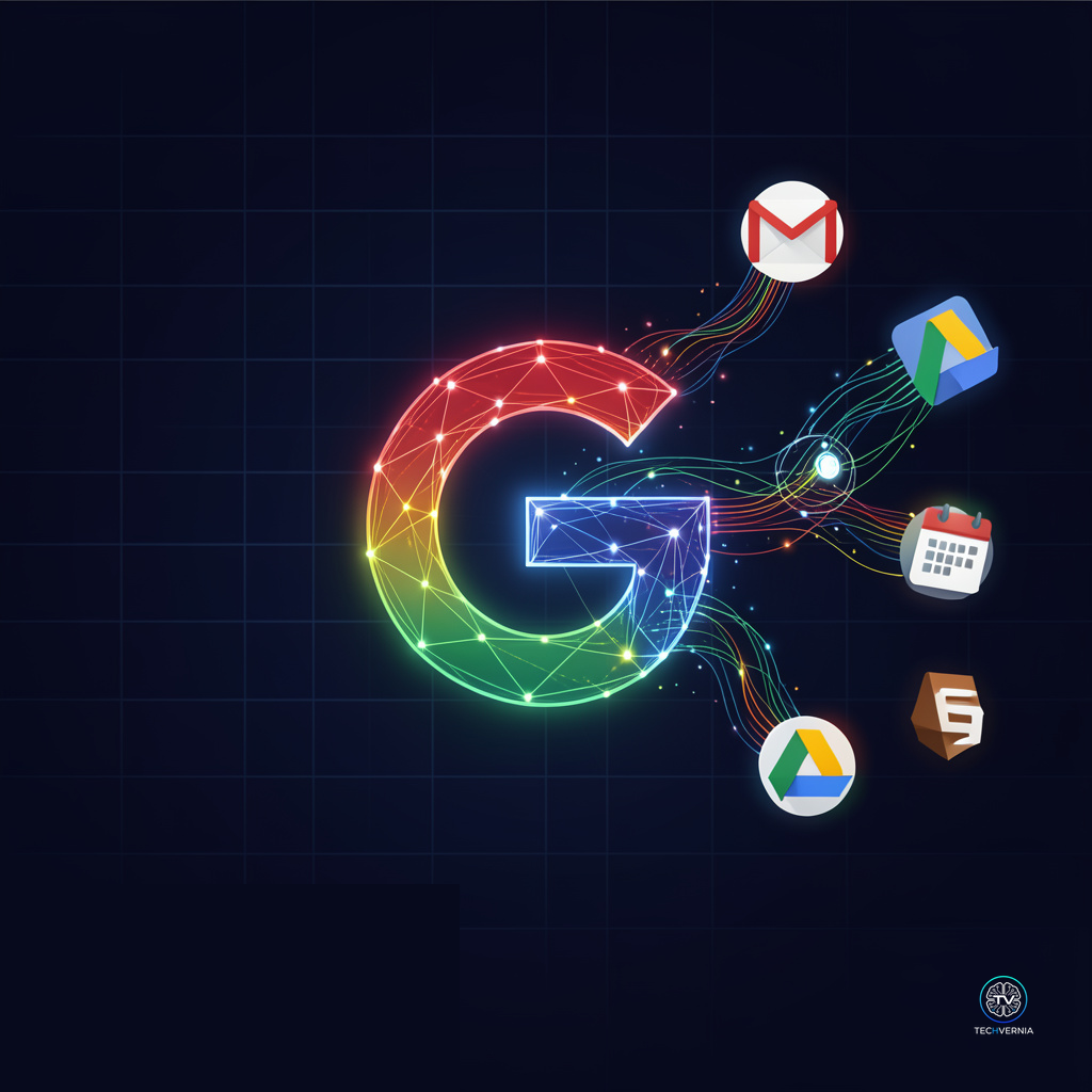 Google G logo dissolving into AI agent network with Gmail, Calendar, Drive and GitHub icons on dark background