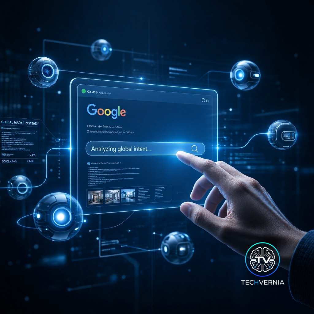 Futuristic Google Search interface surrounded by autonomous AI agent orbs scanning data streams
