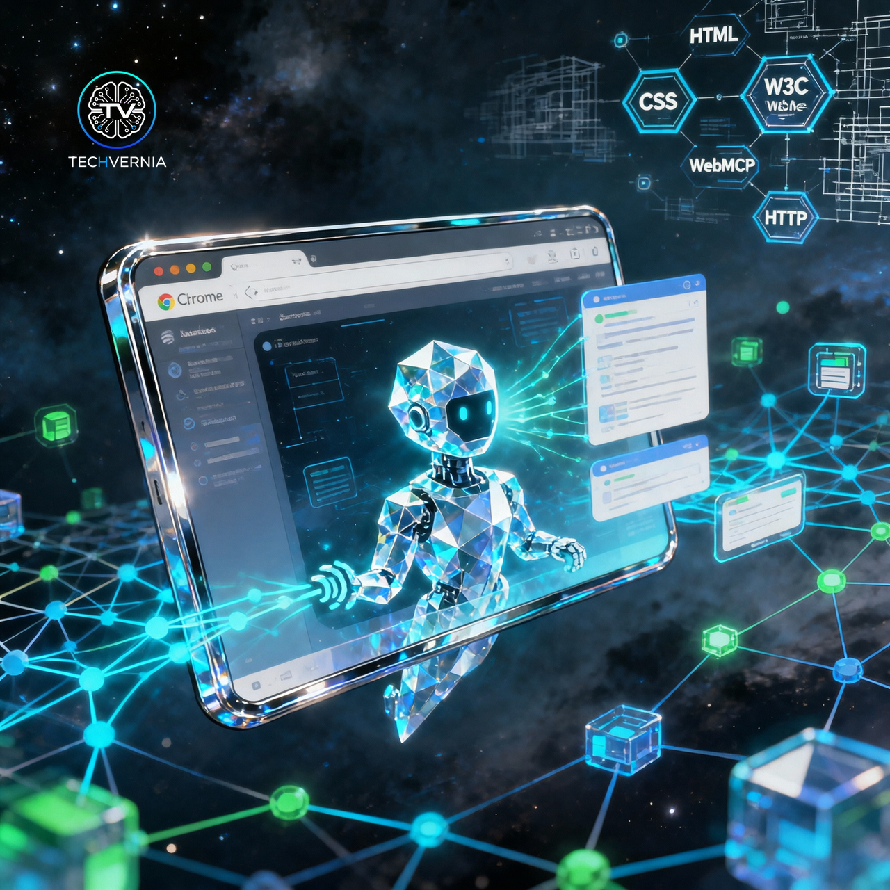 Futuristic browser window with AI agent nodes extending into a web grid — glowing cyan connections linking structured tools across open web pages