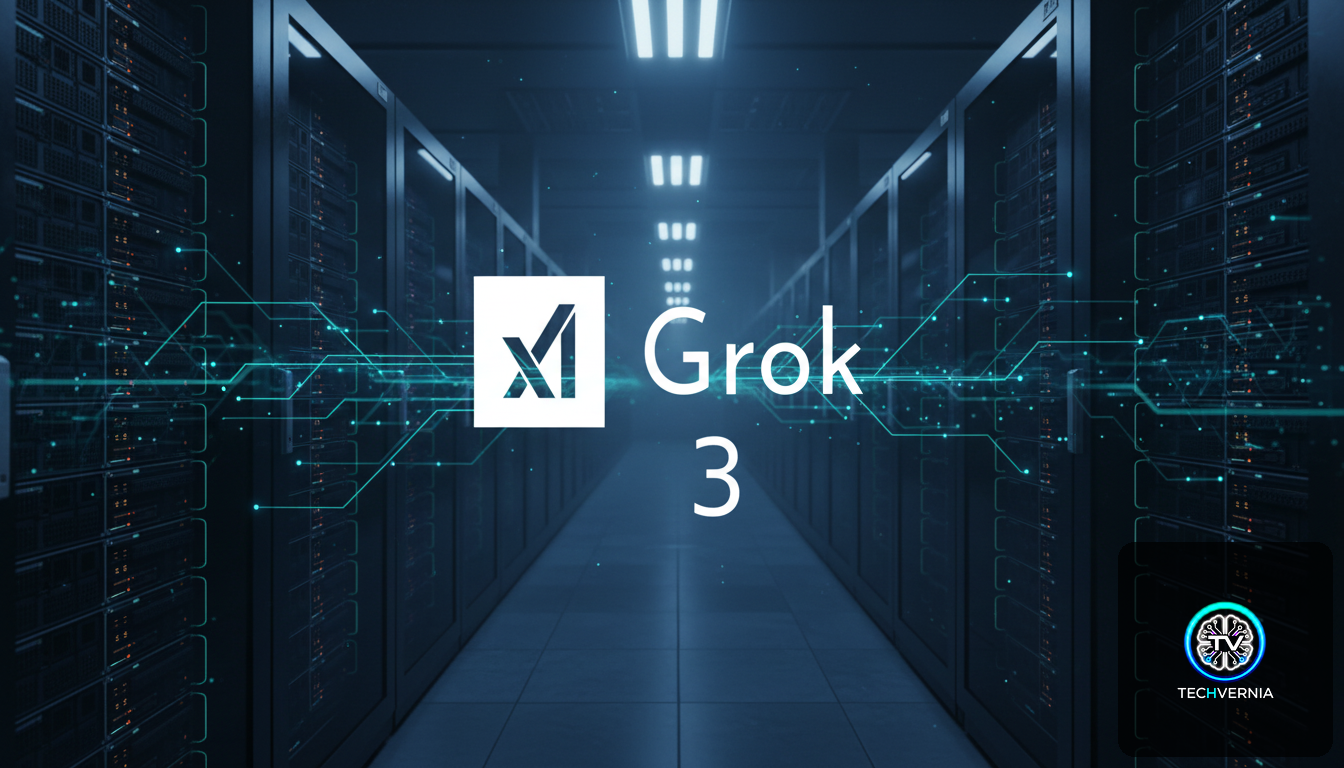 Grok 3 by xAI — dark data center with xAI logo and neural network lines