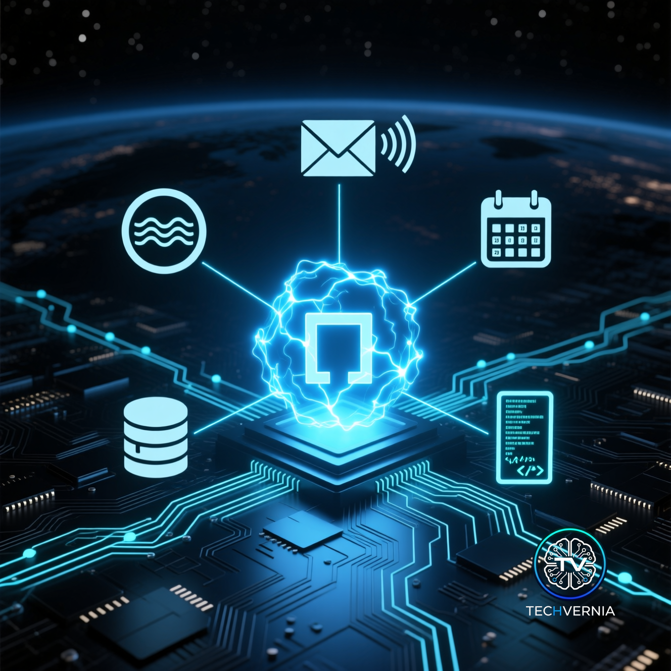 MCP Model Context Protocol — AI agent connected to tools via glowing circuit board network