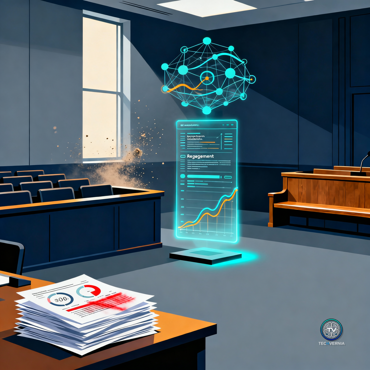 An empty federal courtroom in cold blue tones with a glowing cyan hologram of an engagement dashboard and a rising retention curve standing in the witness box, a neural network graph floating above it, and a stack of redacted internal metric reports on the prosecution table in the foreground