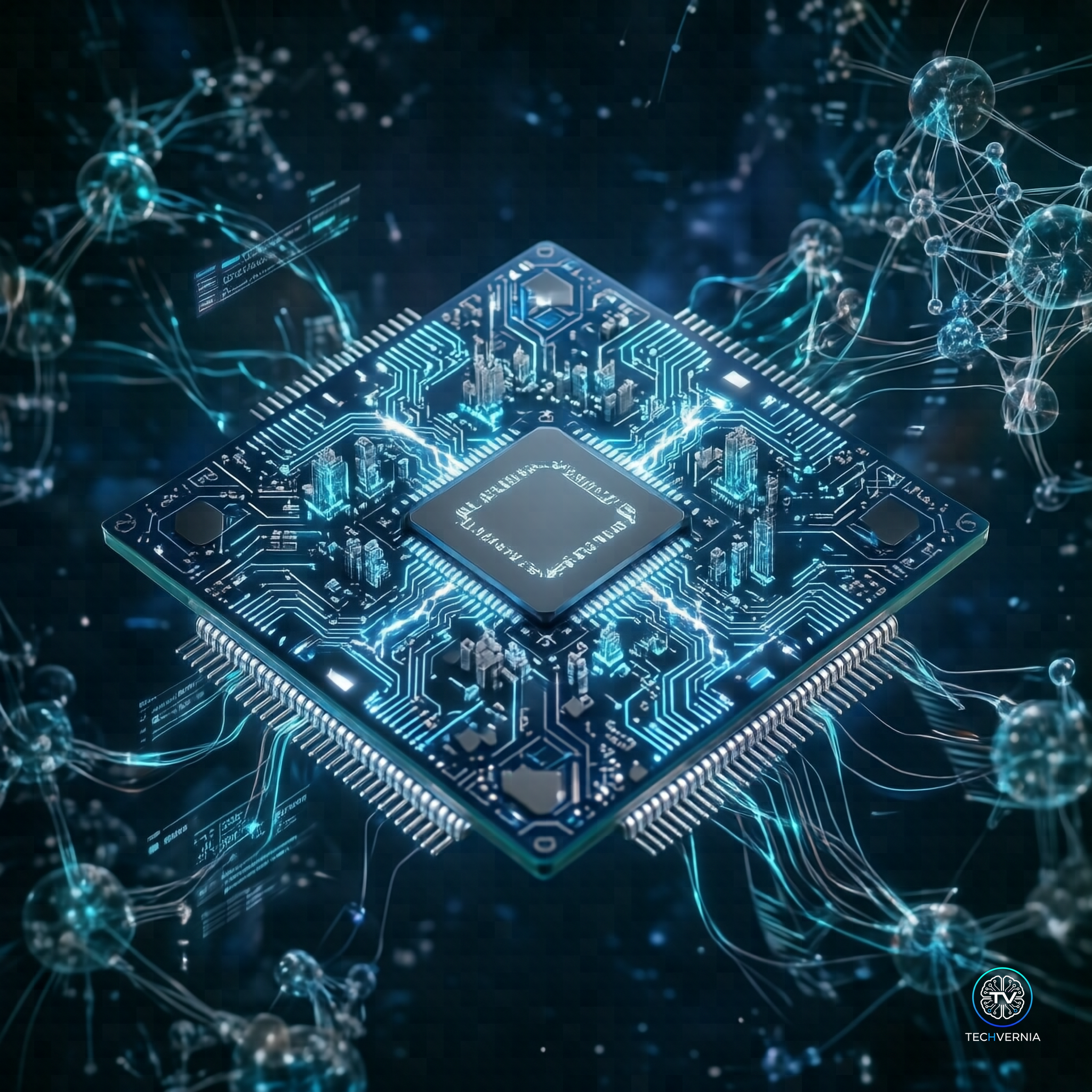 Futuristic quantum computing chip with glowing blue superconductor circuits floating in a dark space environment