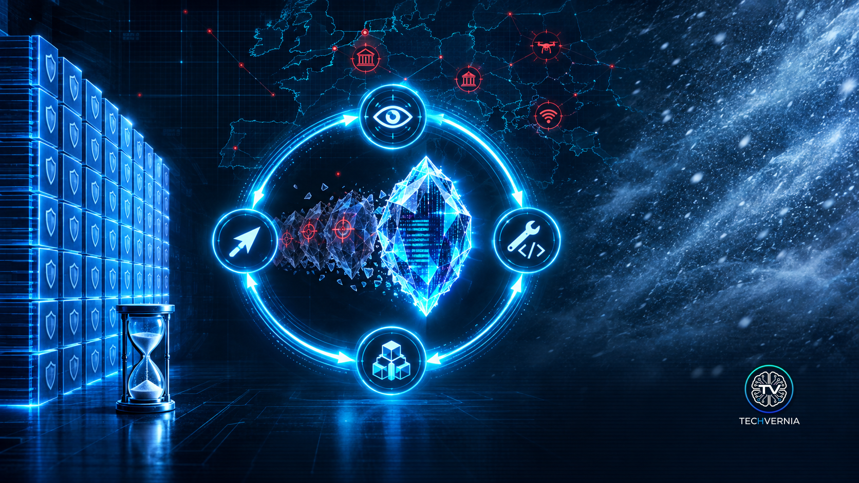 A glowing crystalline malware core inside a circular loop of four stations for detection, rewrite, rebuild and redeploy, shedding red-targeted old versions, beside a slow blue signature wall with an hourglass, a dark map of Europe with red targets and an icy blizzard