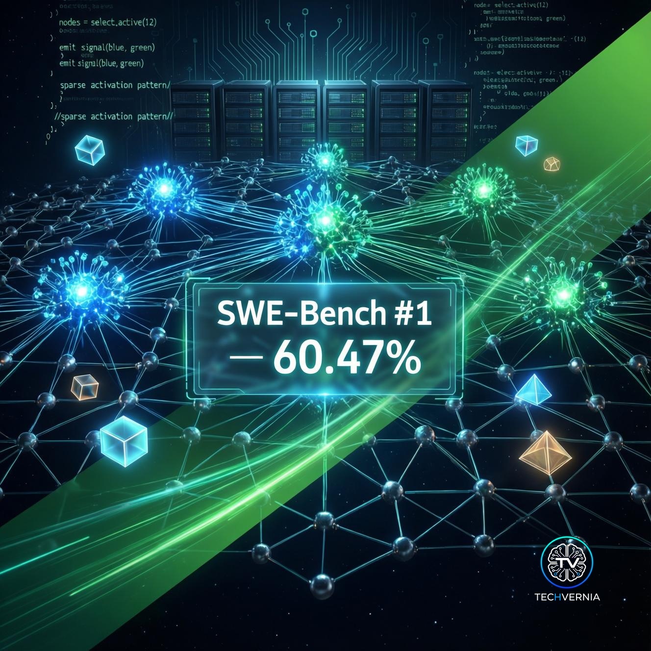 NVIDIA Nemotron 3 Super — glowing neural network with SWE-Bench #1 leaderboard and AI agents orbiting